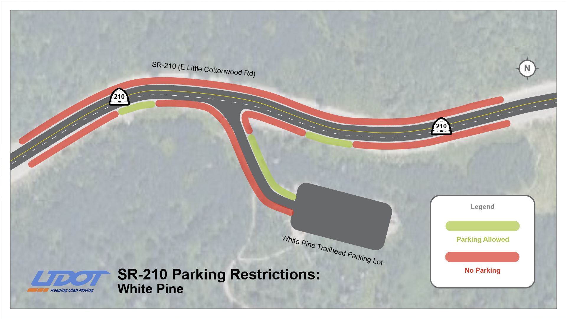 Map of SR-210 with marked parking restrictions at White Pine. Red areas indicate no parking, while green areas allow parking. Includes trailhead lot.