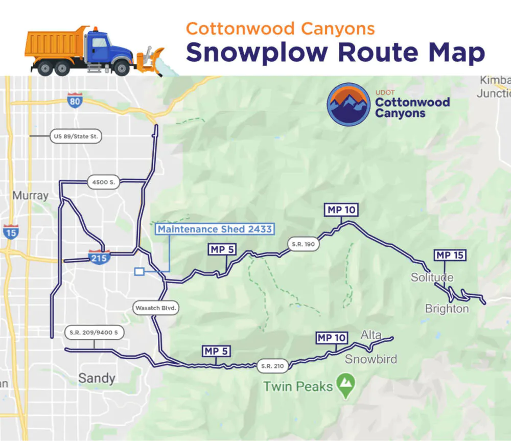 A map of the Cottonwood Canyons snowplow routes
