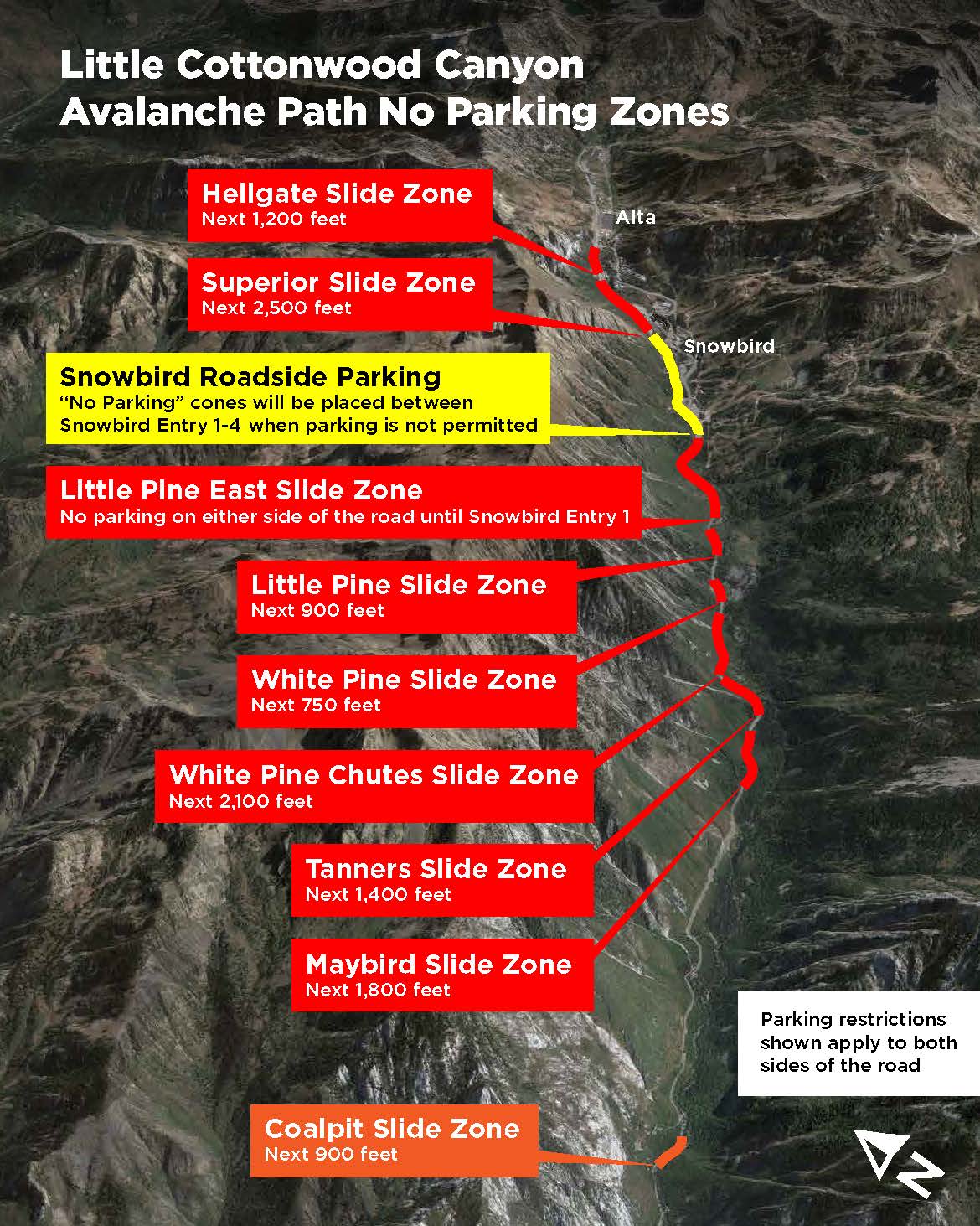 Aerial map showing Little Cottonwood Canyon Avalanche Path No Parking Zones
