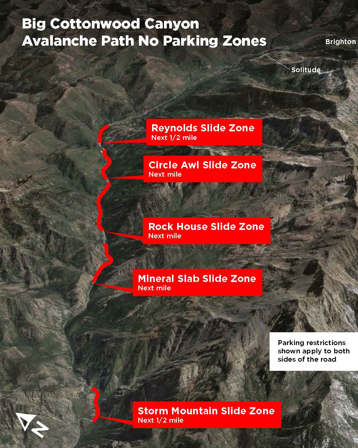 Aerial map showing Big Cottonwood Canyon Avalanche Path No Parking Zones