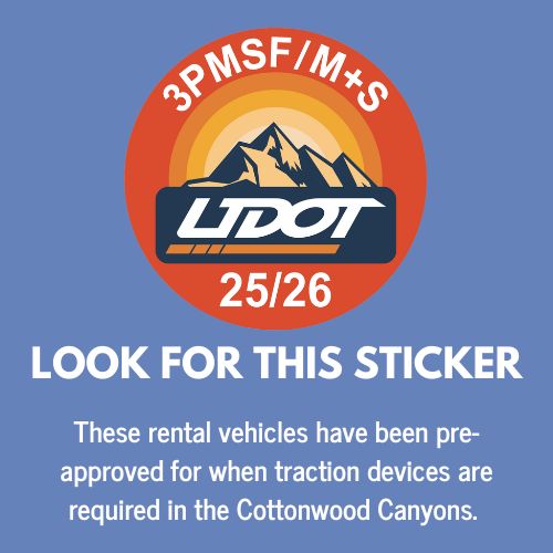 An image of the current year sticker design, featuring a round orange circle with the UDOT logo, illustrated mountains, and text along the top that reads 3PMSF / M+S and the year 25/26. Text below sticker in English that tells people renting cars in Utah to look for this sticker for a preapproved vehicle.