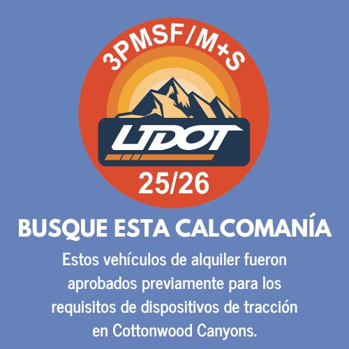 An image of the current year sticker design, featuring a round orange circle with the UDOT logo, illustrated mountains, and text along the top that reads 3PMSF / M+S and the year 25/26. Text below sticker in Spanish that tells people renting cars in Utah to look for this sticker for a preapproved vehicle.