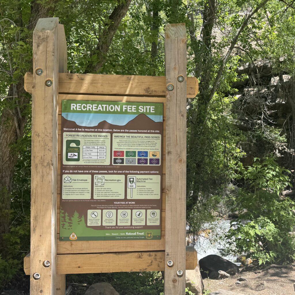 A U.S. Forest Service recreation fee information sign is mounted in a large wooden frame beside a creek in a wooded canyon. The sign explains recreation fee requirements, accepted passes, and payment options for visitors. Surrounded by leafy trees and natural vegetation, the sign stands near flowing water and rocky terrain, with sunlight filtering through the forest canopy.