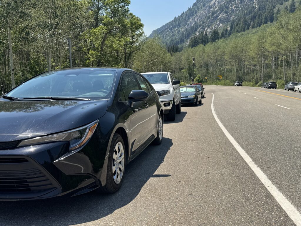 Vehicles parked along the shoulder near the White Pine Trailhead in Little Cottonwood Canyon, with trees and mountain slopes in the background.